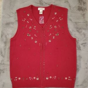 New red/green Christmas sweater vest with full zip front- beaded embellishments